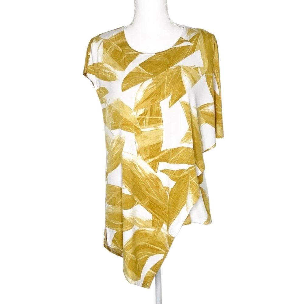 Alfani Yellow White Palm Print Asymmetrical Layered Top Small